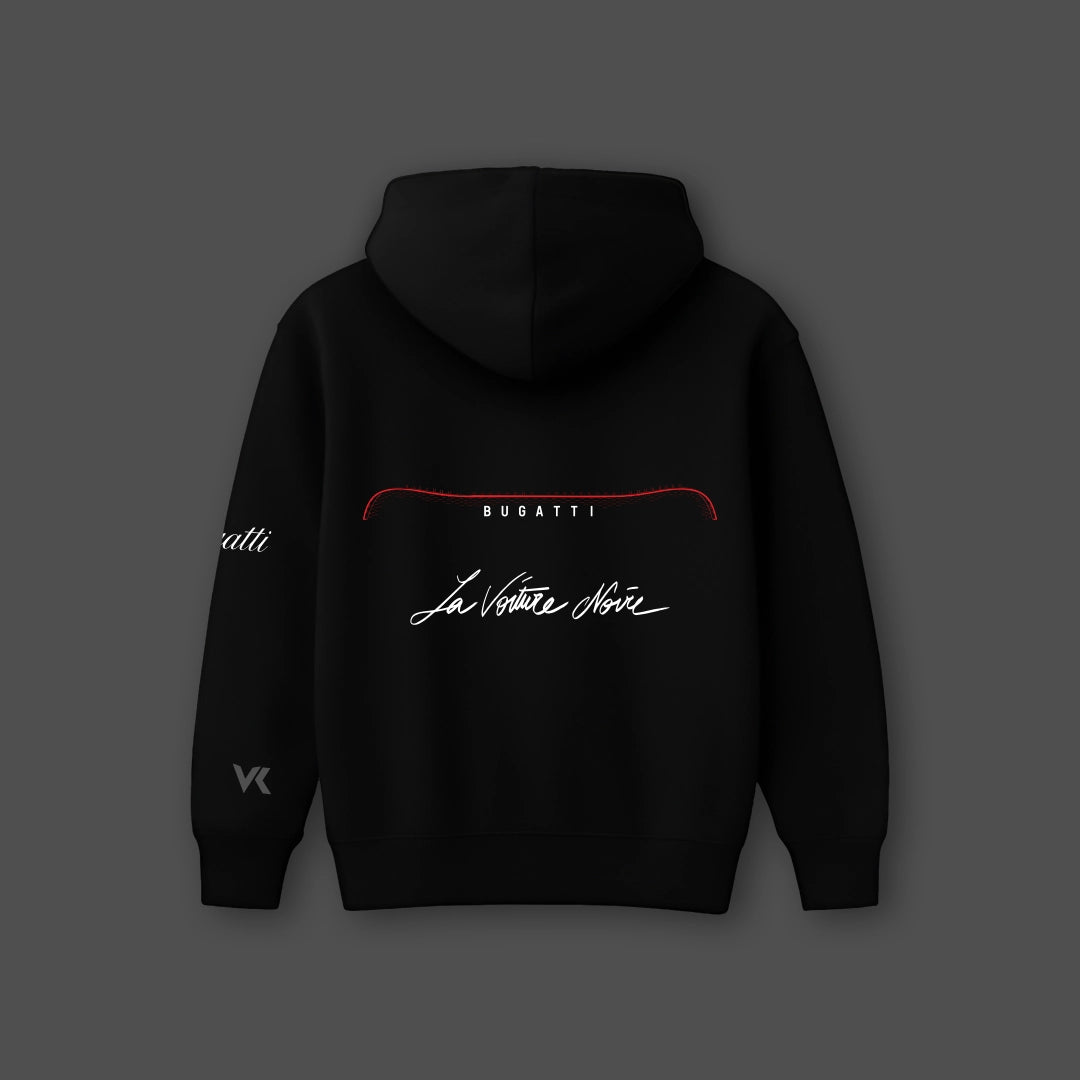 Black oversized hoodie for men featuring Bugatti logo and La Voiture Noire graphic on the back