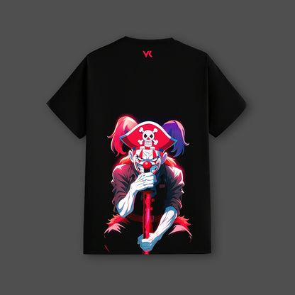 Buggy the Clown black t-shirt with vibrant graphic design featuring a pirate clown character