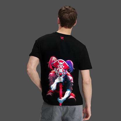 Buggy the Clown black t-shirt featuring a colorful graphic of Buggy holding a sword on the back