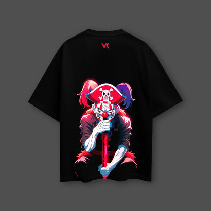 Buggy the Clown oversized black t-shirt featuring vibrant graphic design on the back for fans of anime and collectibles