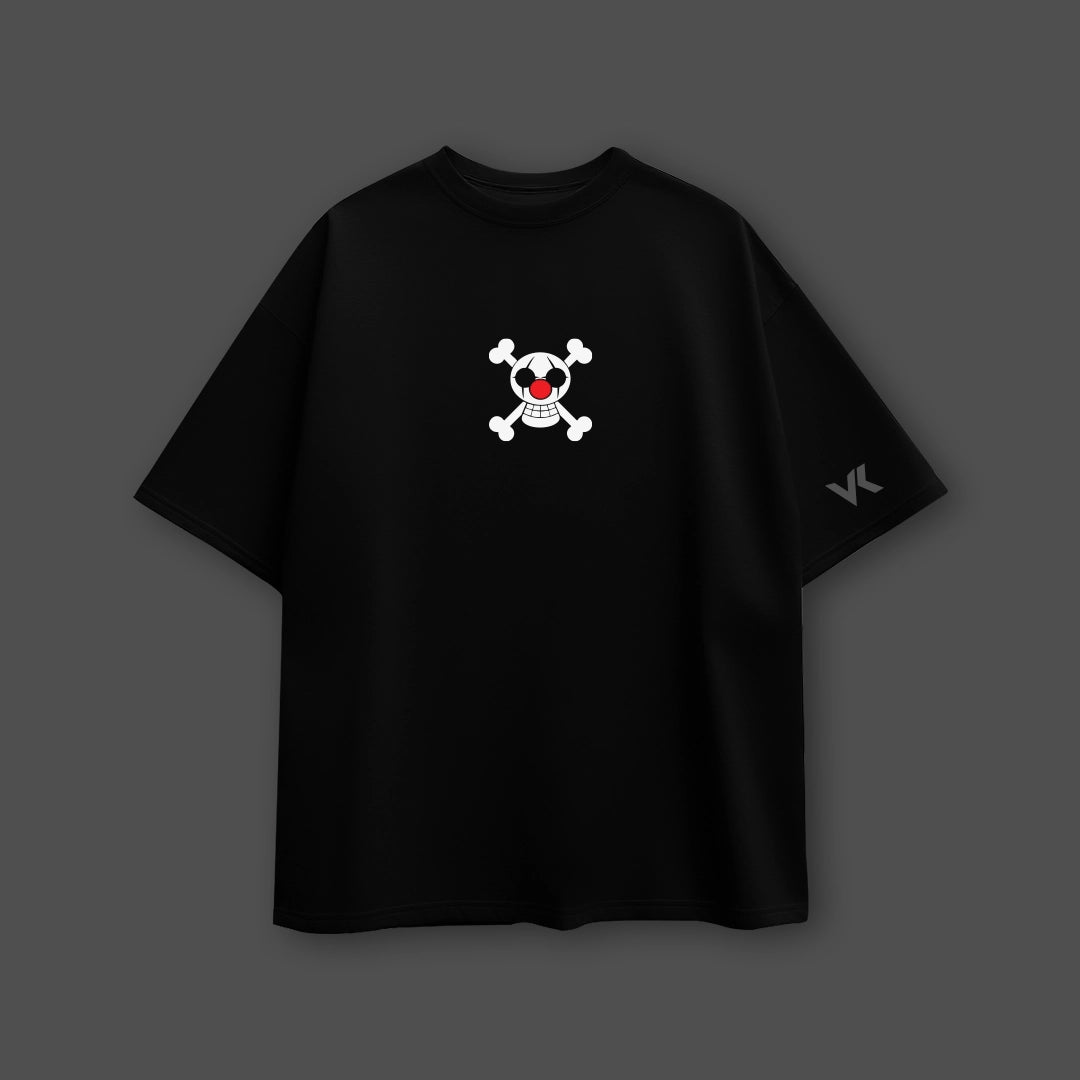Buggy the Clown oversized black t-shirt featuring a playful skull and crossbones design