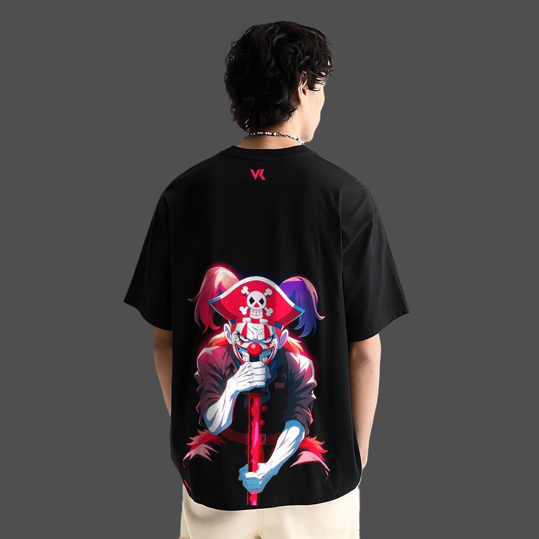 Buggy the Clown oversized black t-shirt featuring vibrant graphic design on the back
