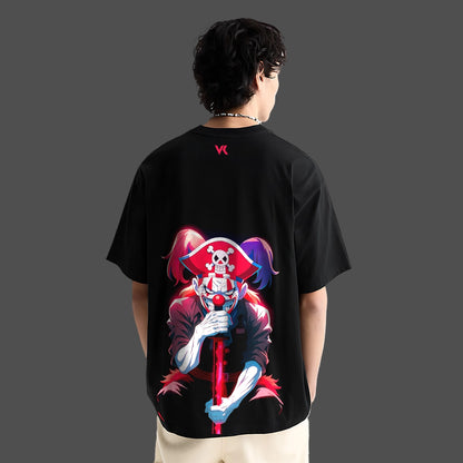Buggy the Clown oversized black t-shirt featuring vibrant graphic design on the back