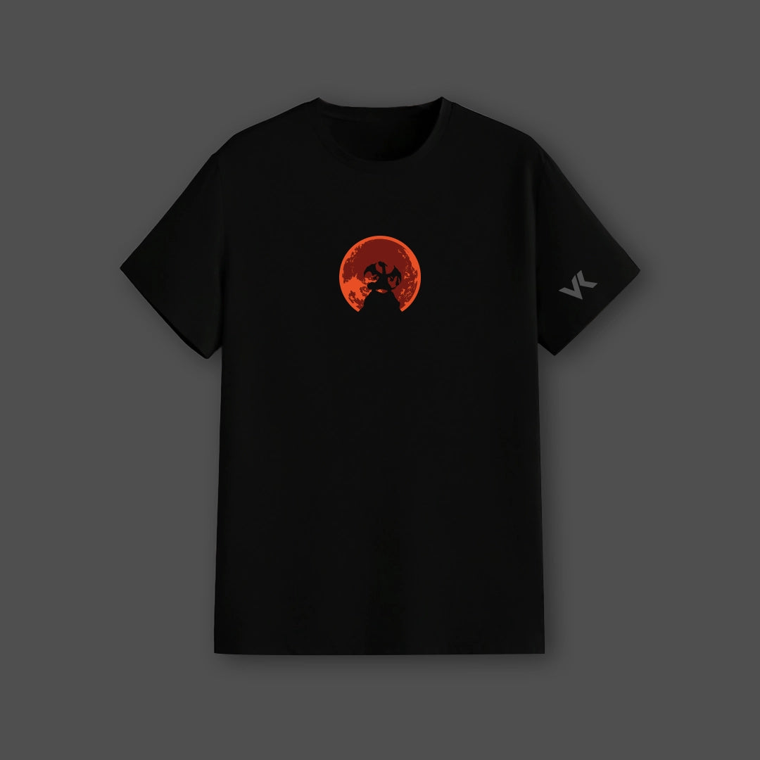 Charizard black t-shirt featuring a bold design of Charizard against a red moon