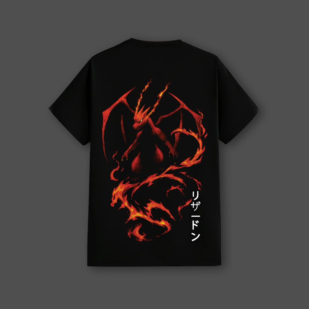 Charizard black t-shirt featuring a fiery graphic design on the back for fans of the iconic Pokémon