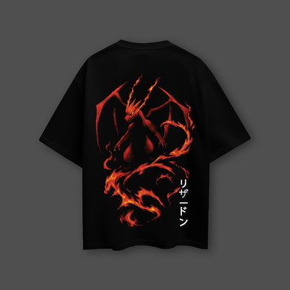 Charizard oversized black t-shirt featuring vibrant dragon graphic on the back