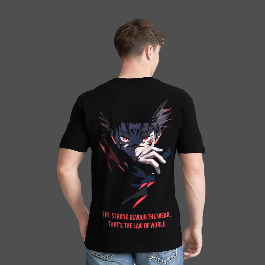 Cursed King Sukuna black t-shirt featuring a graphic design on the back with a quote