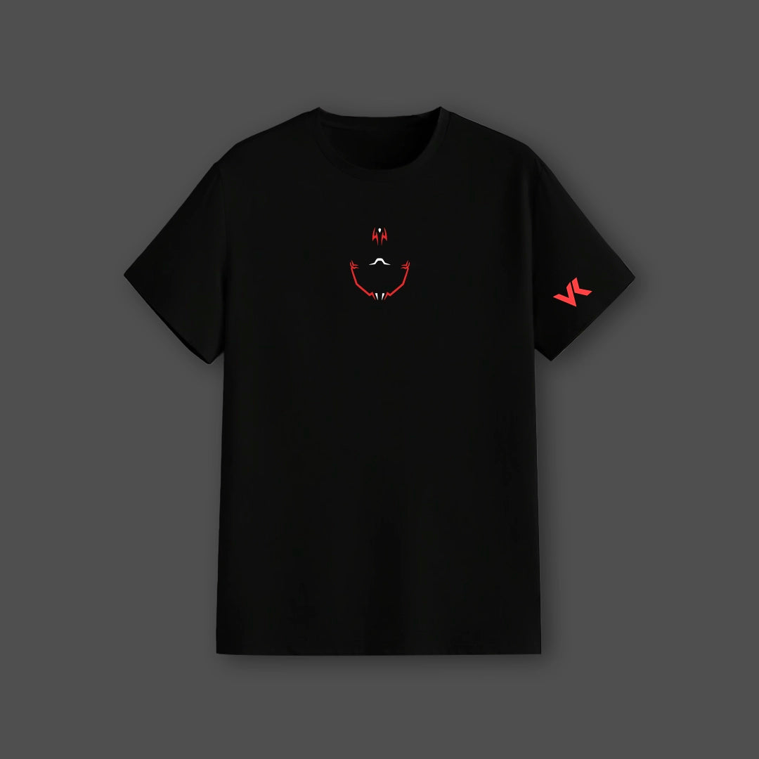 Cursed King Sukuna black t-shirt featuring a red smiley design on the front and a logo on the sleeve