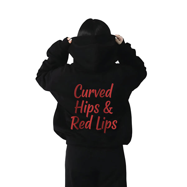 Vlack Curved Lips & Red Lips - Oversized Black Hoodie