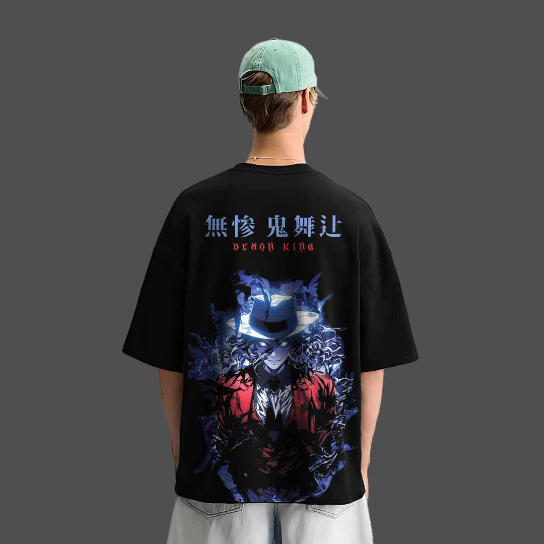 Oversize Demon King Muzan black t-shirt featuring a bold character design on the back