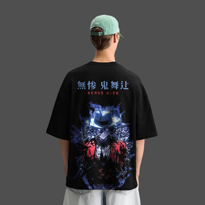 Oversize Demon King Muzan black t-shirt featuring a bold character design on the back