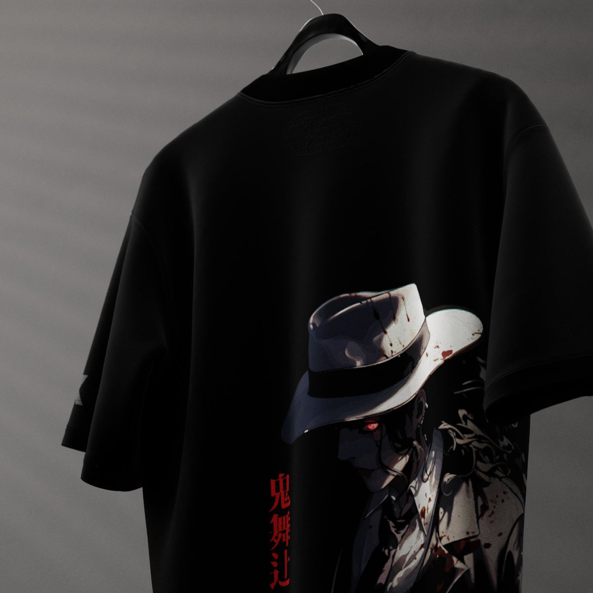 Demon King Muzan oversized black t-shirt featuring vibrant character design and comfortable fit