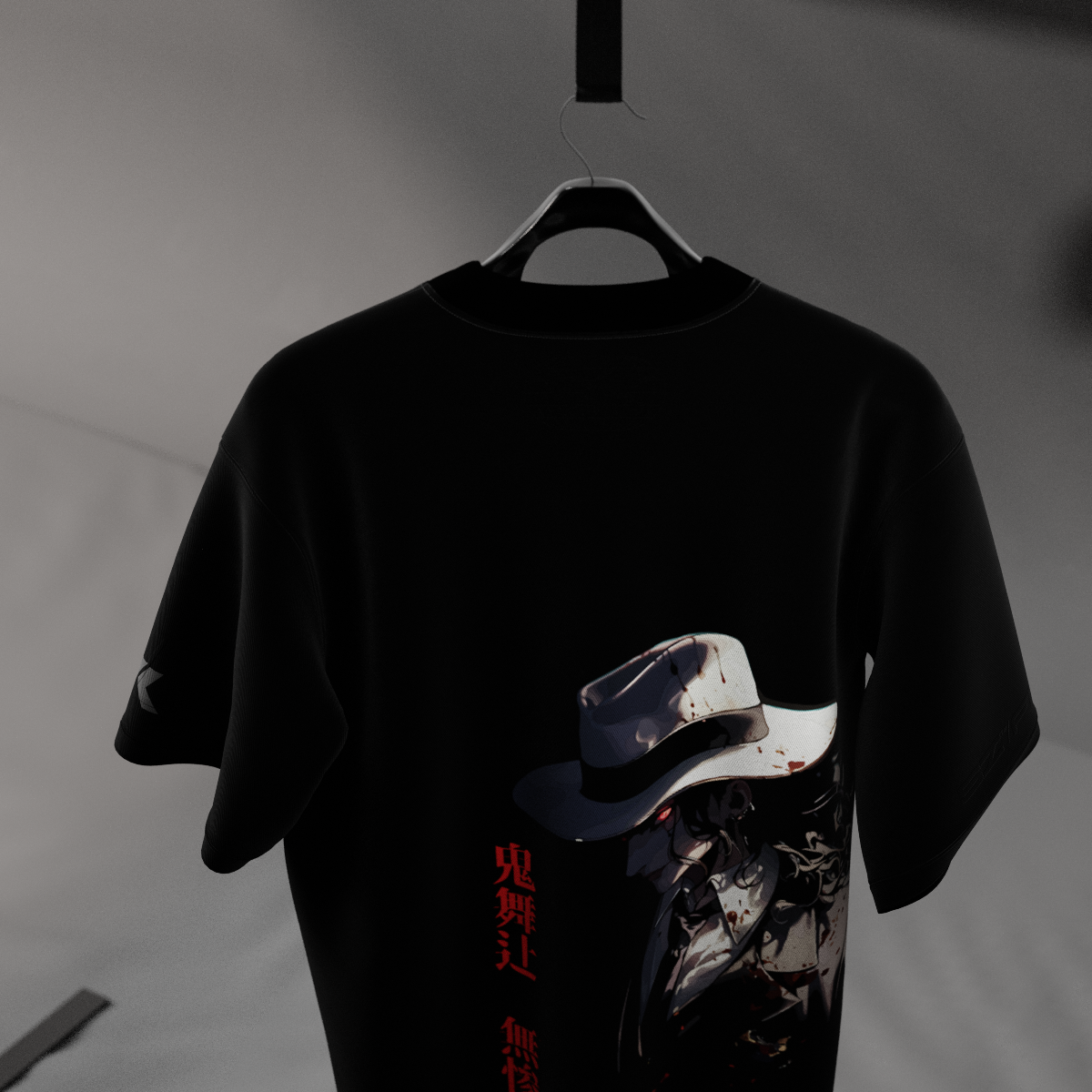 Demon King Muzan oversized black t-shirt featuring striking graphic design and unique styling
