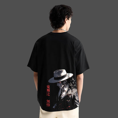 Demon King Muzan oversized black t-shirt featuring a detailed graphic print on the back