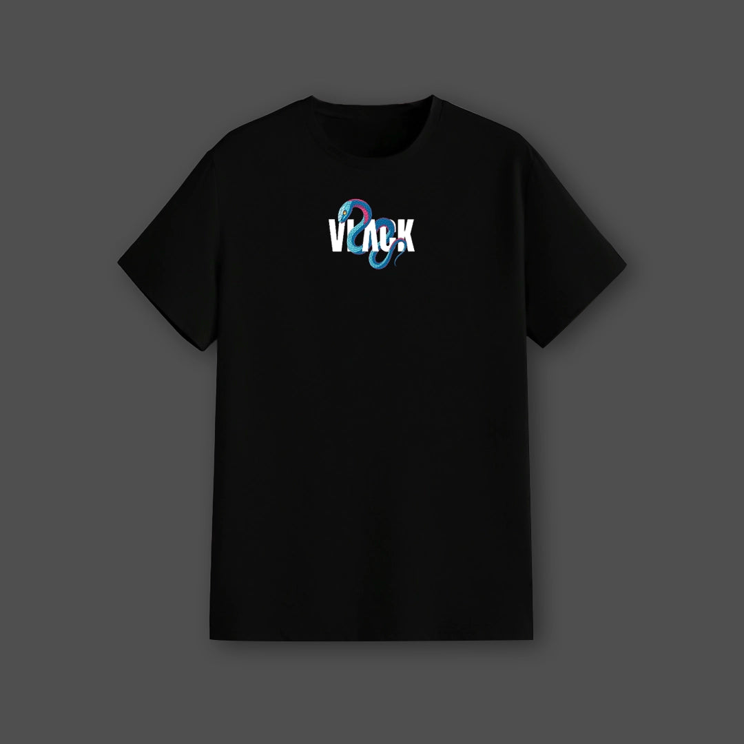 Vlack regular fit short sleeve crew neck Iguro Obanai black t-shirt with small chest logo featuring coiled snake