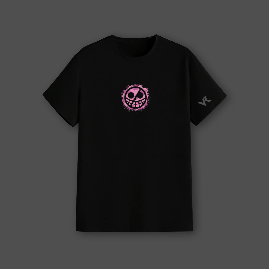 Donquixote Doflamingo black t-shirt featuring a unique pink graphic design on the front