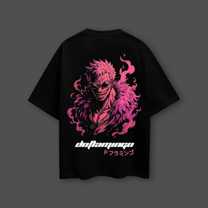 Oversize Vlack Donquixote Doflamingo black t-shirt featuring a vibrant graphic design