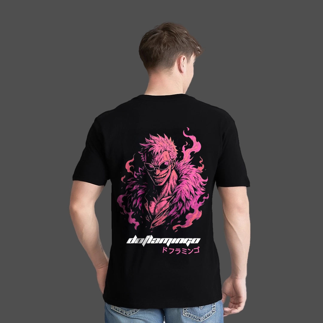 Regular Fit Donquixote Doflamingo black t-shirt featuring a vibrant graphic print on the back