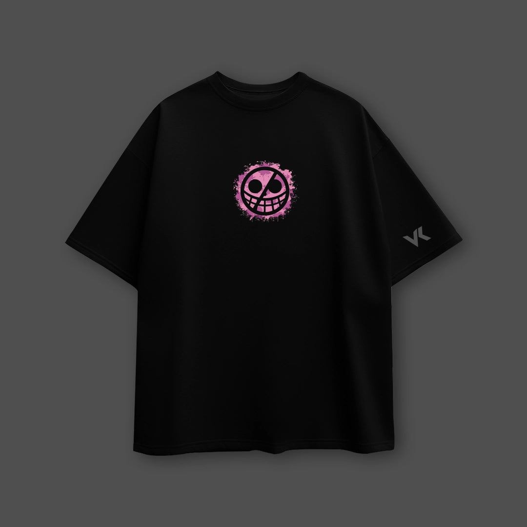 Vlack oversized black t-shirt featuring Donquixote Doflamingo graphic design on the front