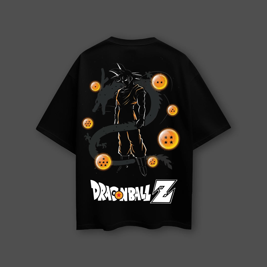 Dragon Soul Goku black t-shirt featuring a striking design with Dragon Ball Z character and orange orbs