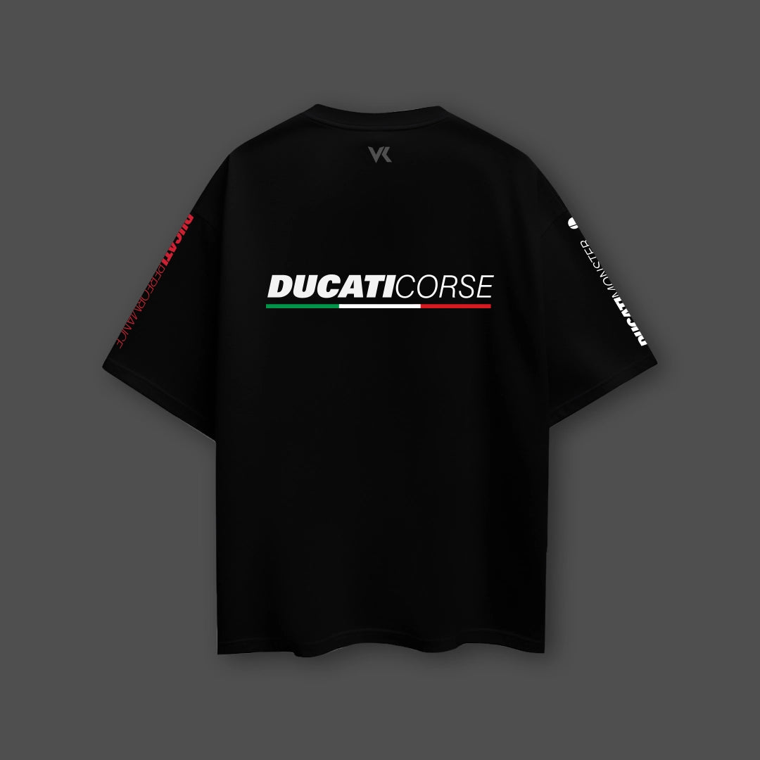 Ducati Corse black oversized t-shirt featuring bold logo and unique design elements