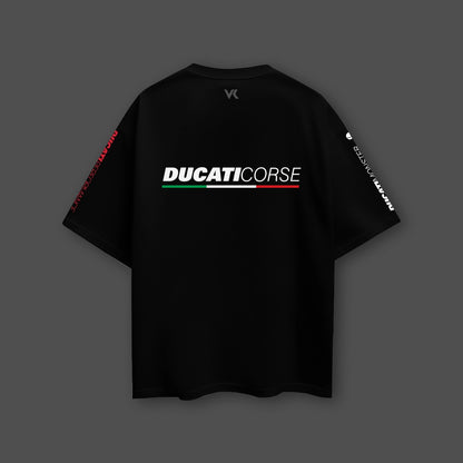 Ducati Corse black oversized t-shirt featuring bold logo and unique design elements