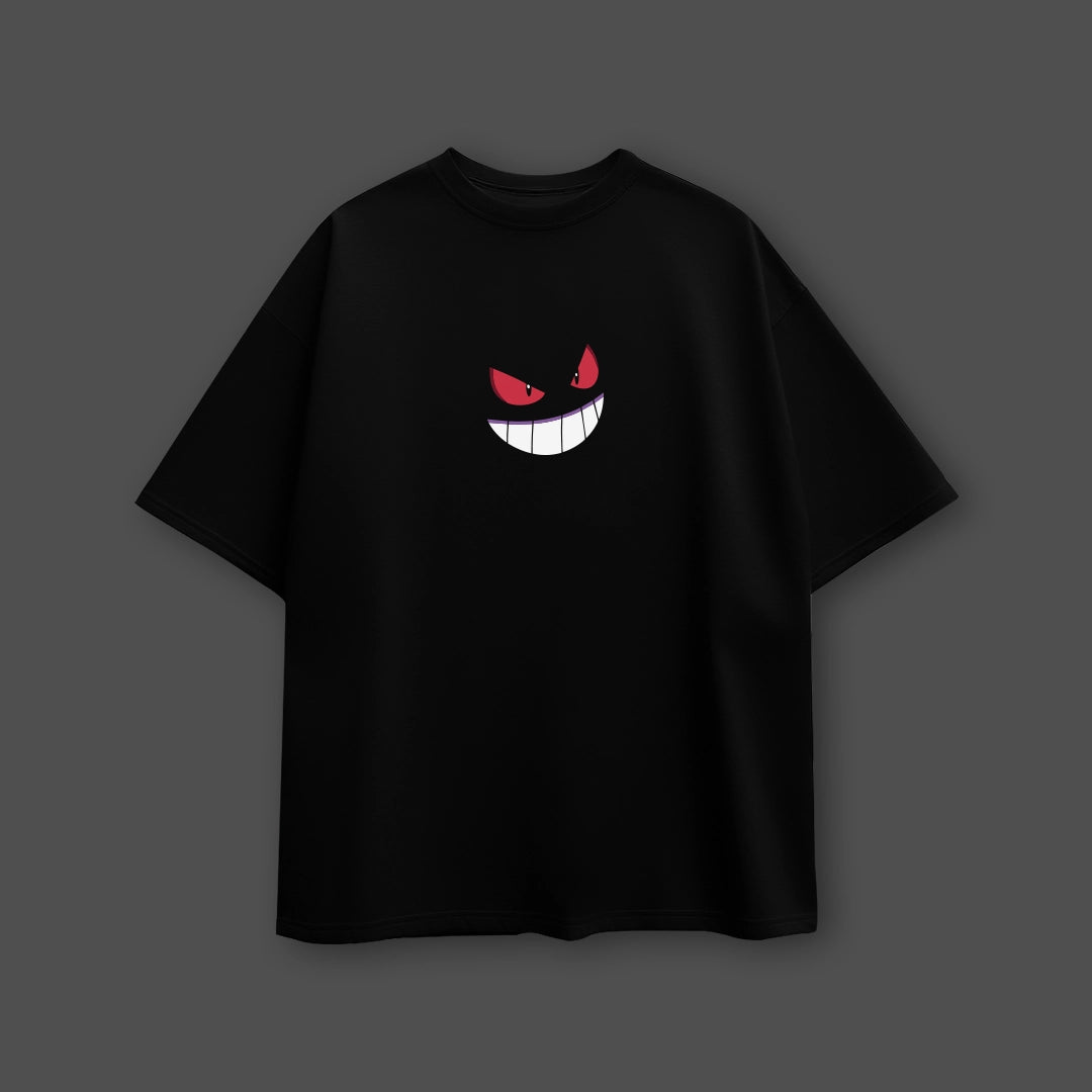 Gengar oversized black t-shirt featuring a bold ghost face design for casual wear