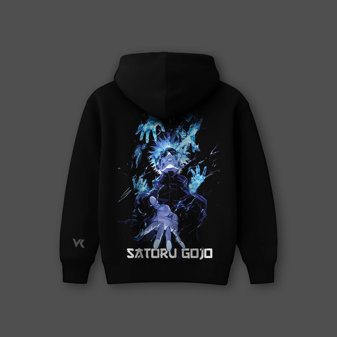 Gojo oversized black hoodie featuring vibrant artwork of Satoru Gojo on the back