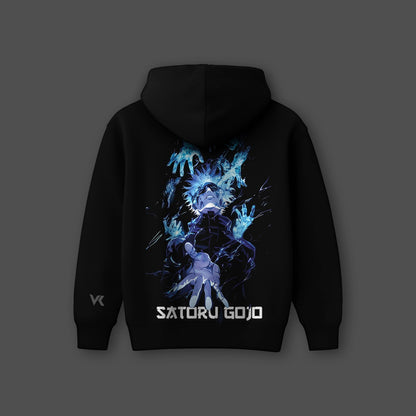 Gojo oversized black hoodie featuring vibrant artwork of Satoru Gojo on the back