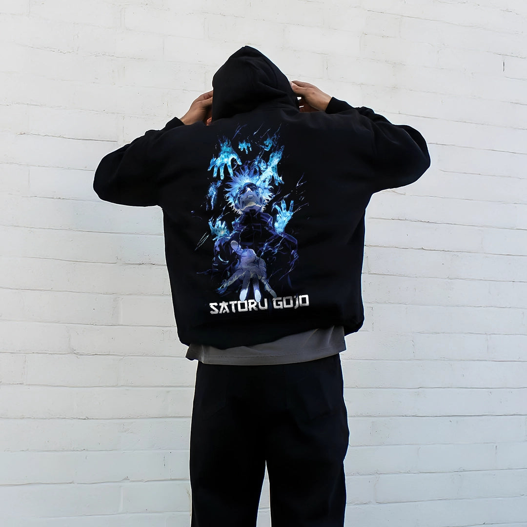 Gojo oversized black hoodie featuring a vibrant design of Satoru Gojo on the back