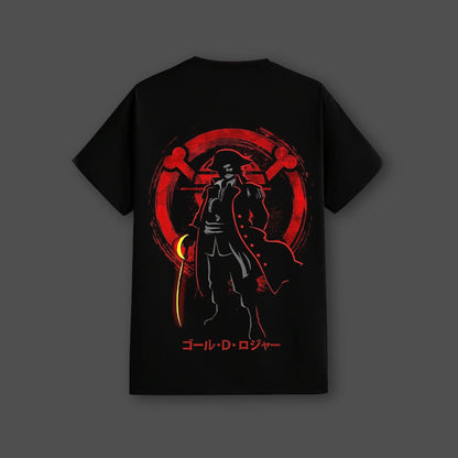 Gol D. Roger black t-shirt featuring bold graphic design and a regular fit for comfort
