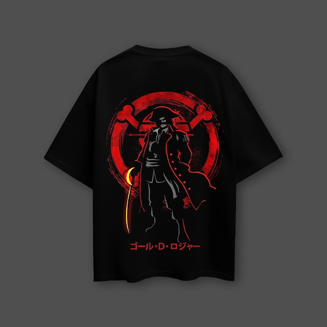 Oversize Vlack Gol D. Roger black t-shirt featuring a bold graphic design on the back