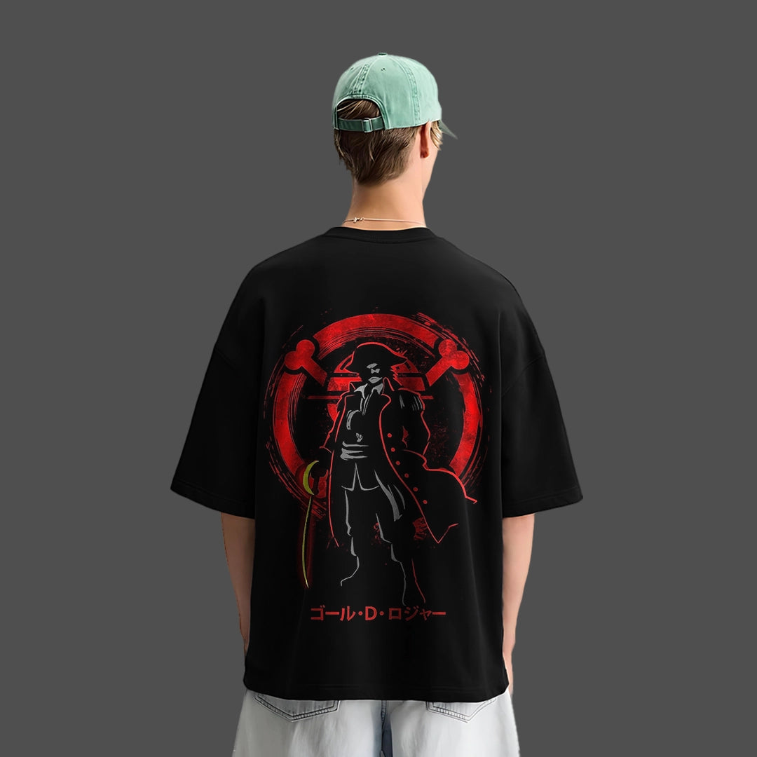 Gol D. Roger black t-shirt featuring bold graphic design on the back for anime fans