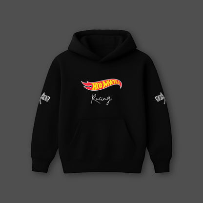 Hotwheels black oversized hoodie featuring racing graphics and a front pocket