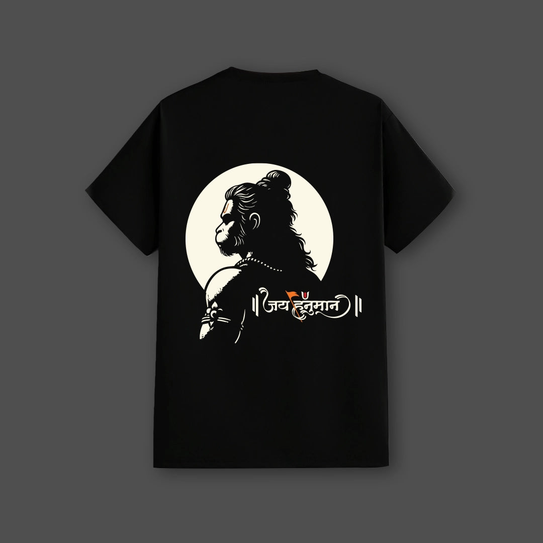 Jai Hanuman Ji black t-shirt featuring a striking design of Hanuman on a dark background