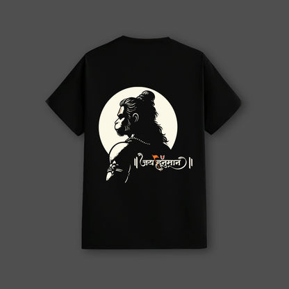 Jai Hanuman Ji black t-shirt featuring a striking design of Hanuman on a dark background