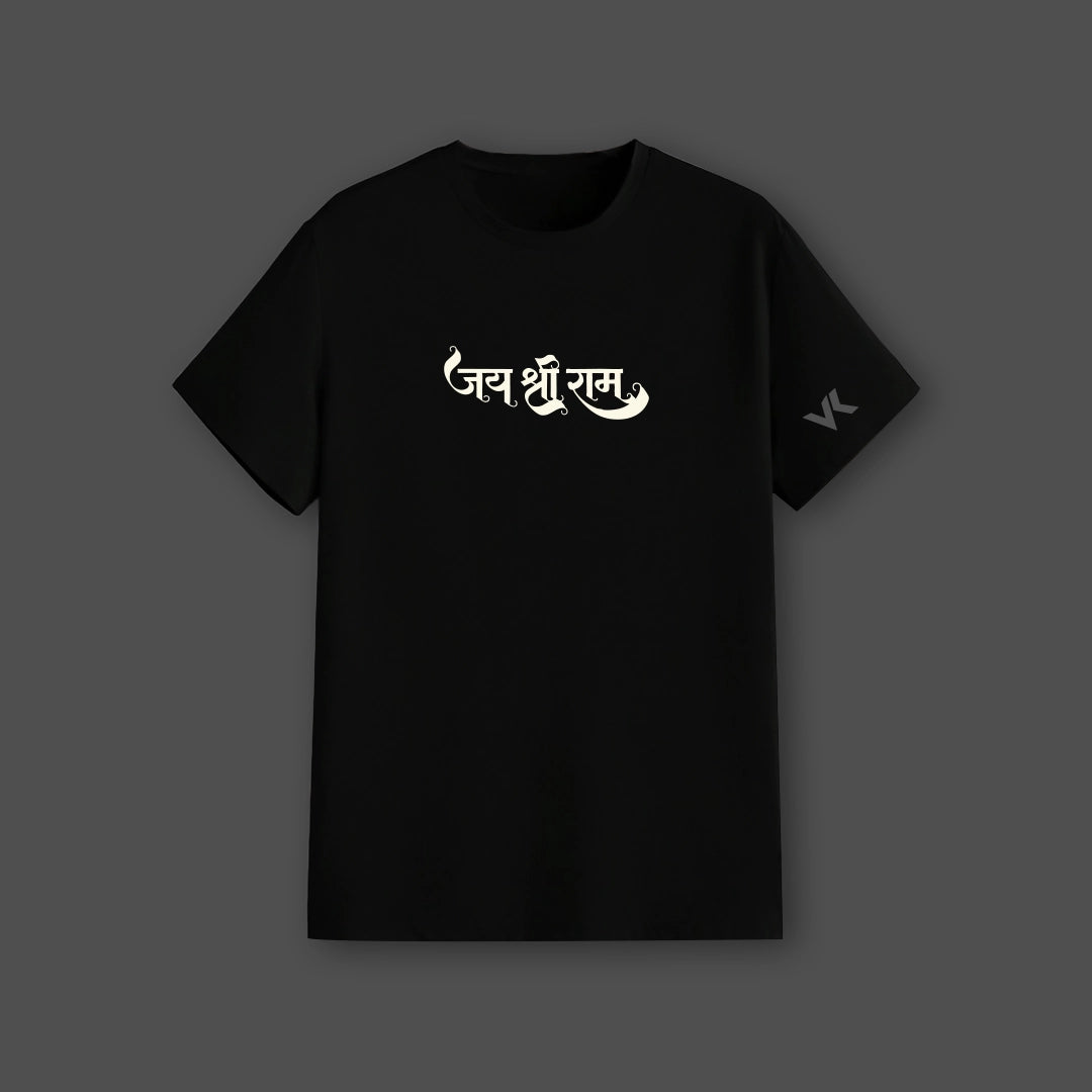 Vlack Regular Fit Jai Hanuman Ji black t-shirt with stylish white lettering on the front