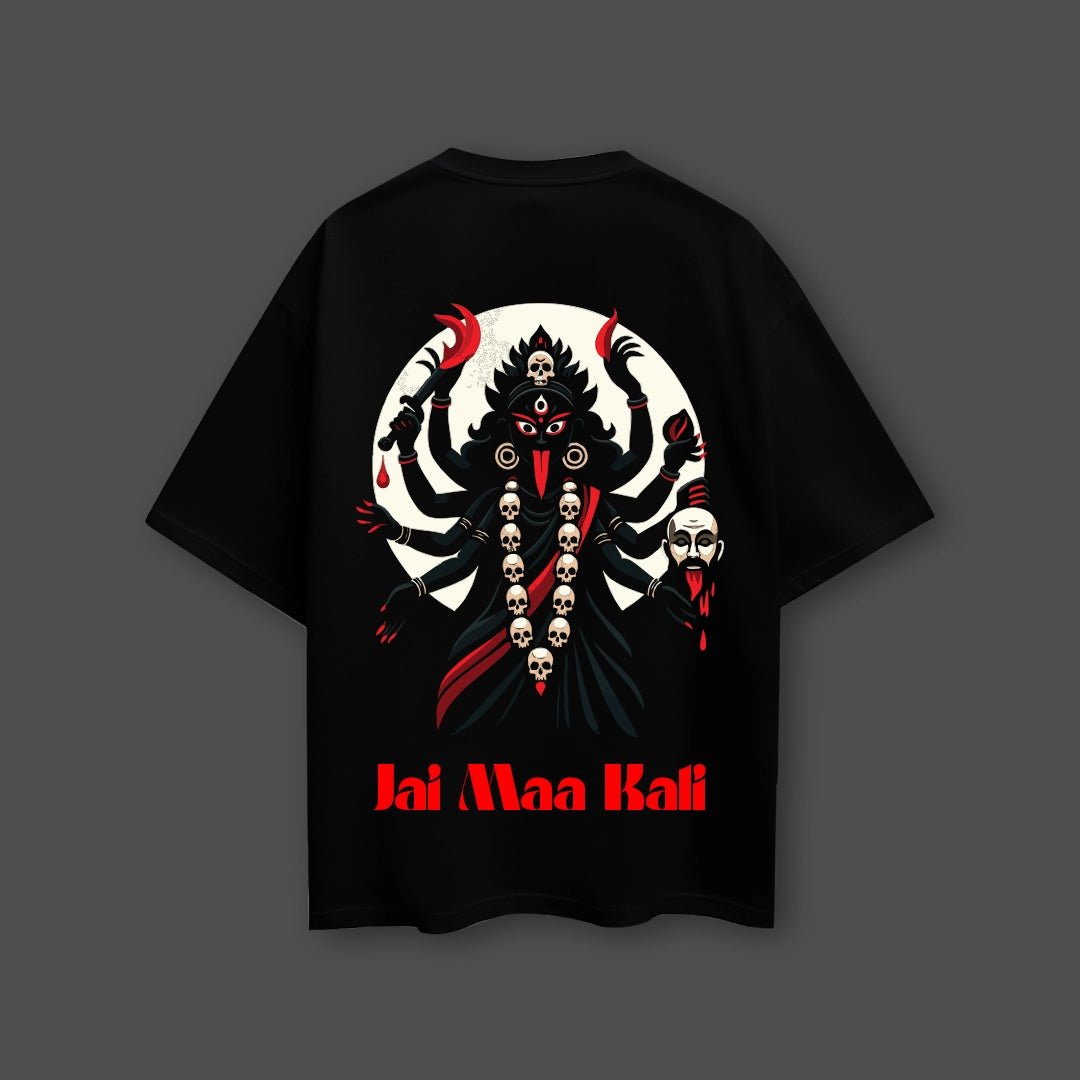 Jai Maa Kali black oversized t-shirt featuring a vibrant graphic of goddess Kali with intricate designs