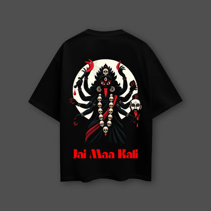 Jai Maa Kali black oversized t-shirt featuring a vibrant graphic of goddess Kali with intricate designs