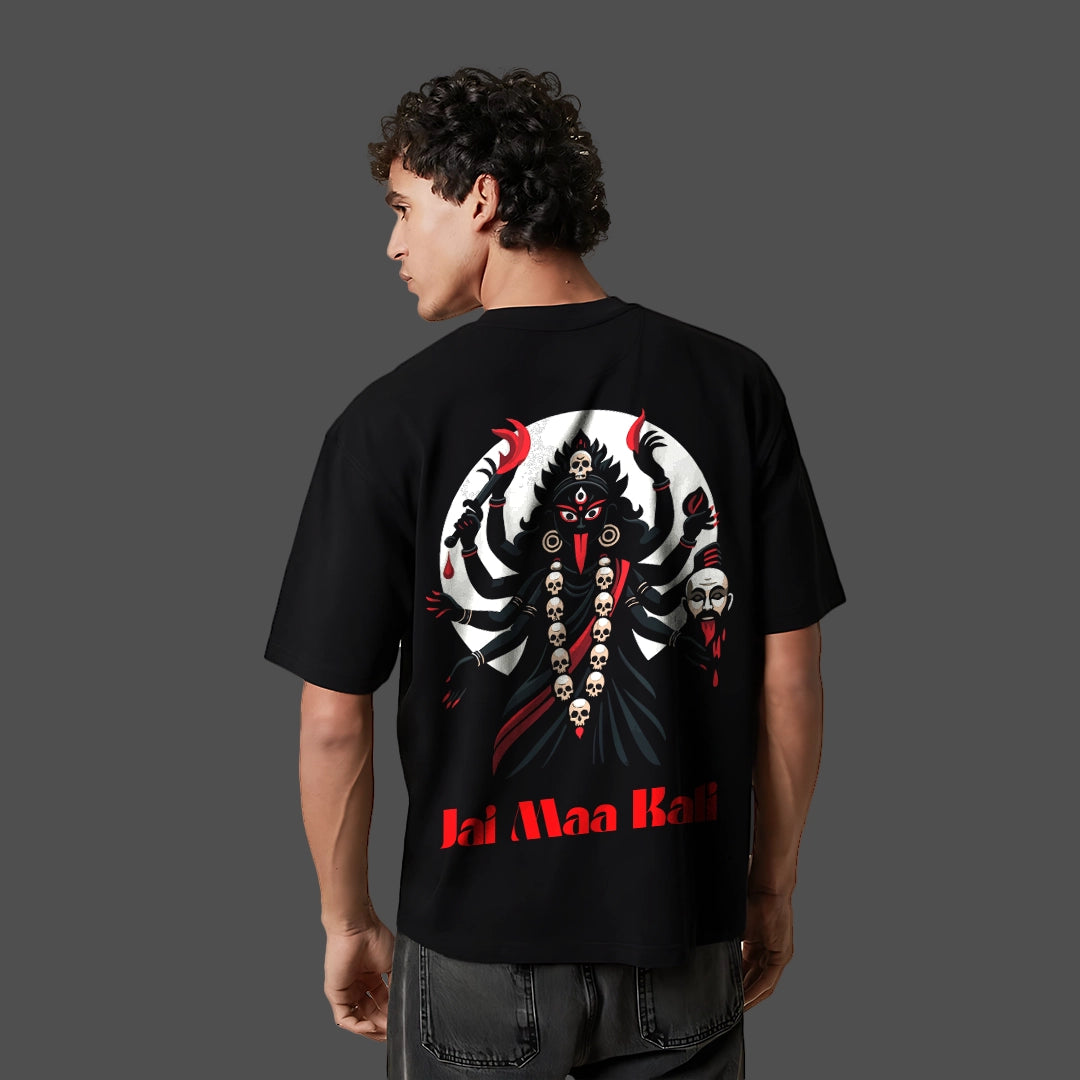 Jai Maa Kali black oversized t-shirt featuring a vibrant graphic of the goddess on the back