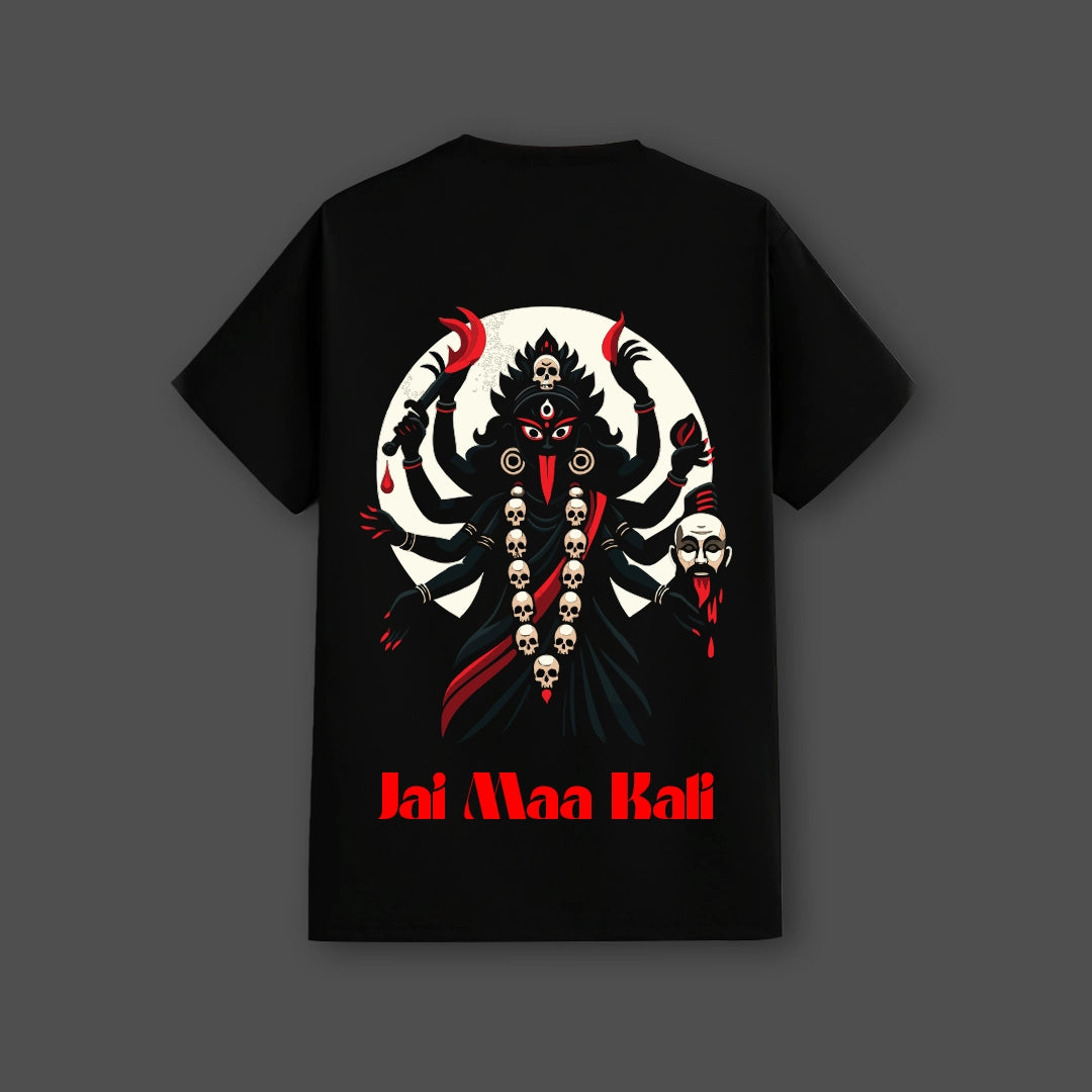 Jai Maa Kali black t-shirt featuring a striking graphic of Goddess Kali with vibrant colors