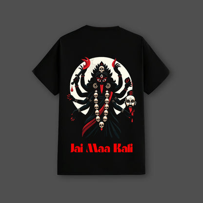 Jai Maa Kali black t-shirt featuring a striking graphic of Goddess Kali with vibrant colors