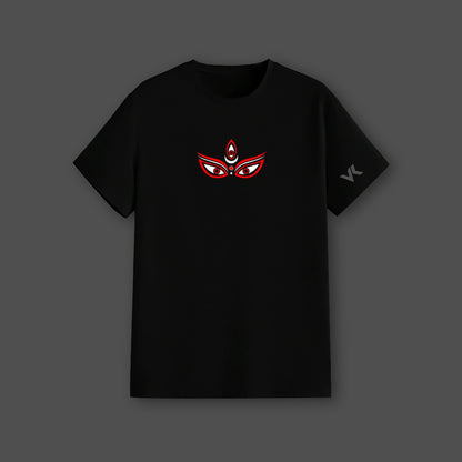 Jai Maa Kali black t-shirt featuring a vibrant red graphic design on the front