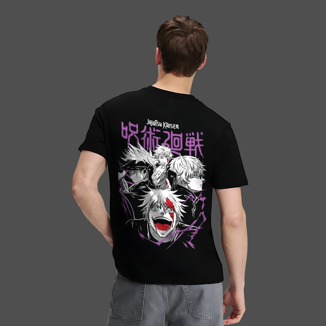 Satoru Gojo black t-shirt regular fit Vlack black back graphic Jujutsu Kaisen character collage
