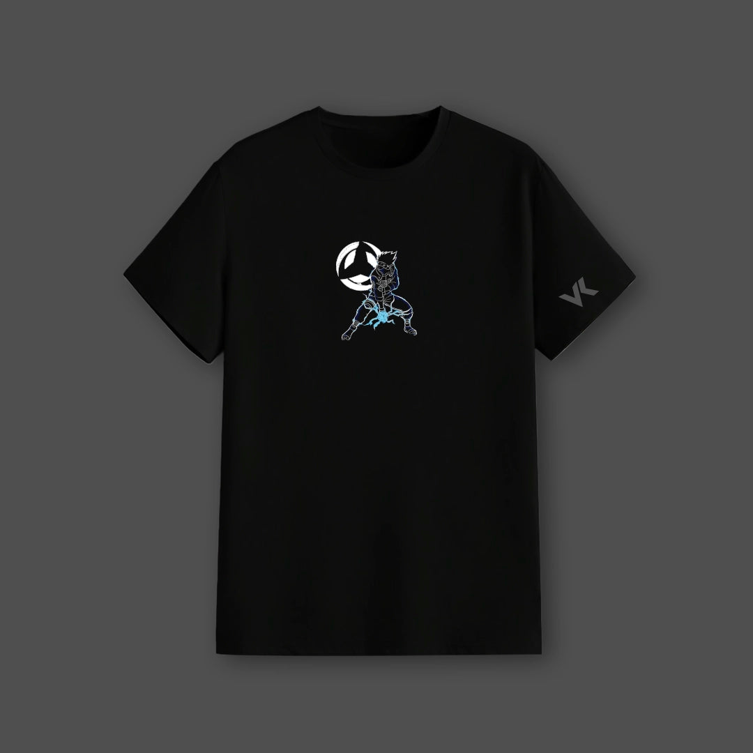 Kakashi black t-shirt featuring a graphic design of a character with a volleyball