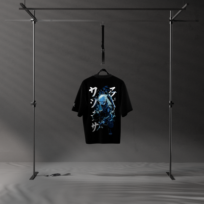 Kakashi oversized black t-shirt featuring vibrant graphic design on a stylish hanging rack