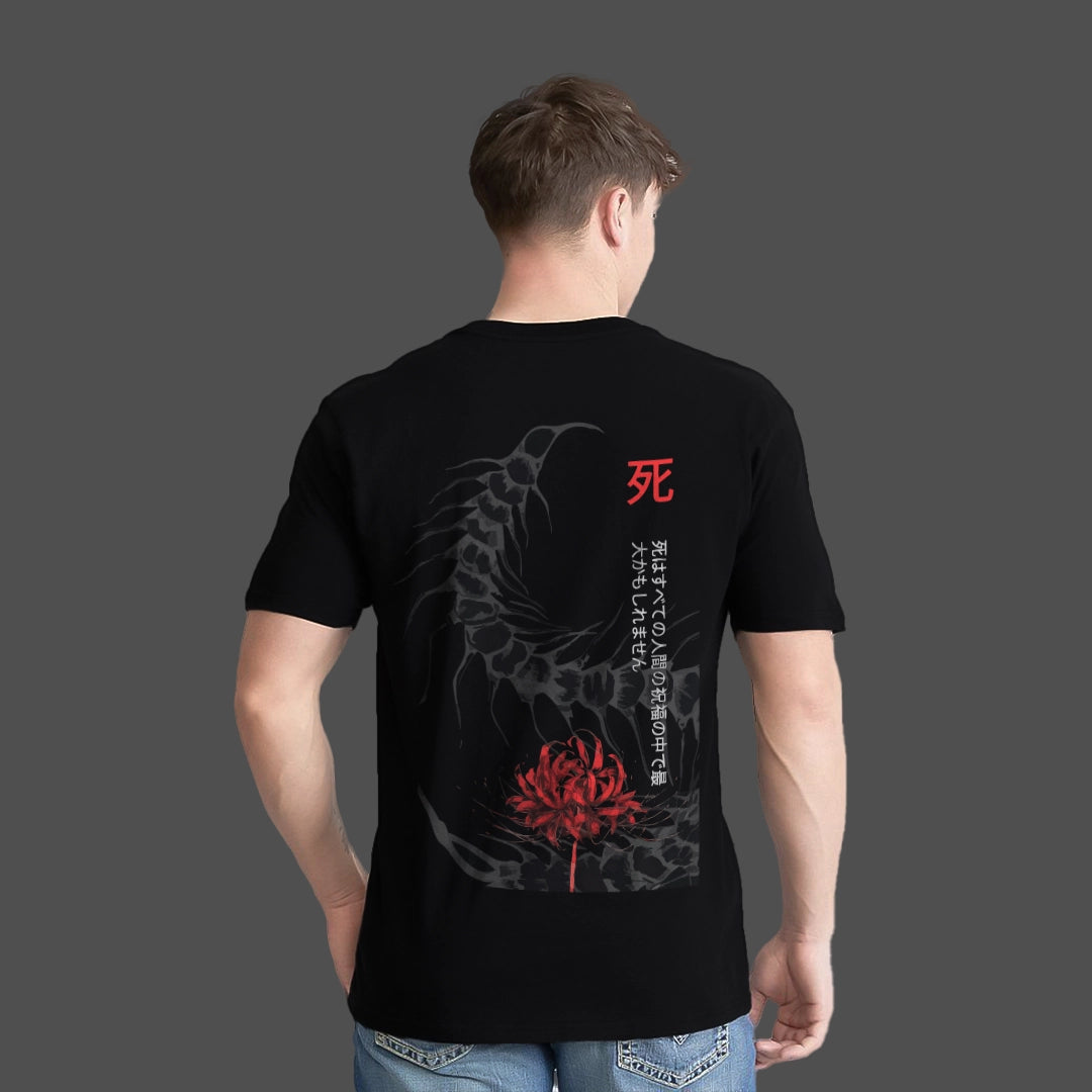 Men's Kaneki black t-shirt featuring a unique graphic design on the back with Japanese characters