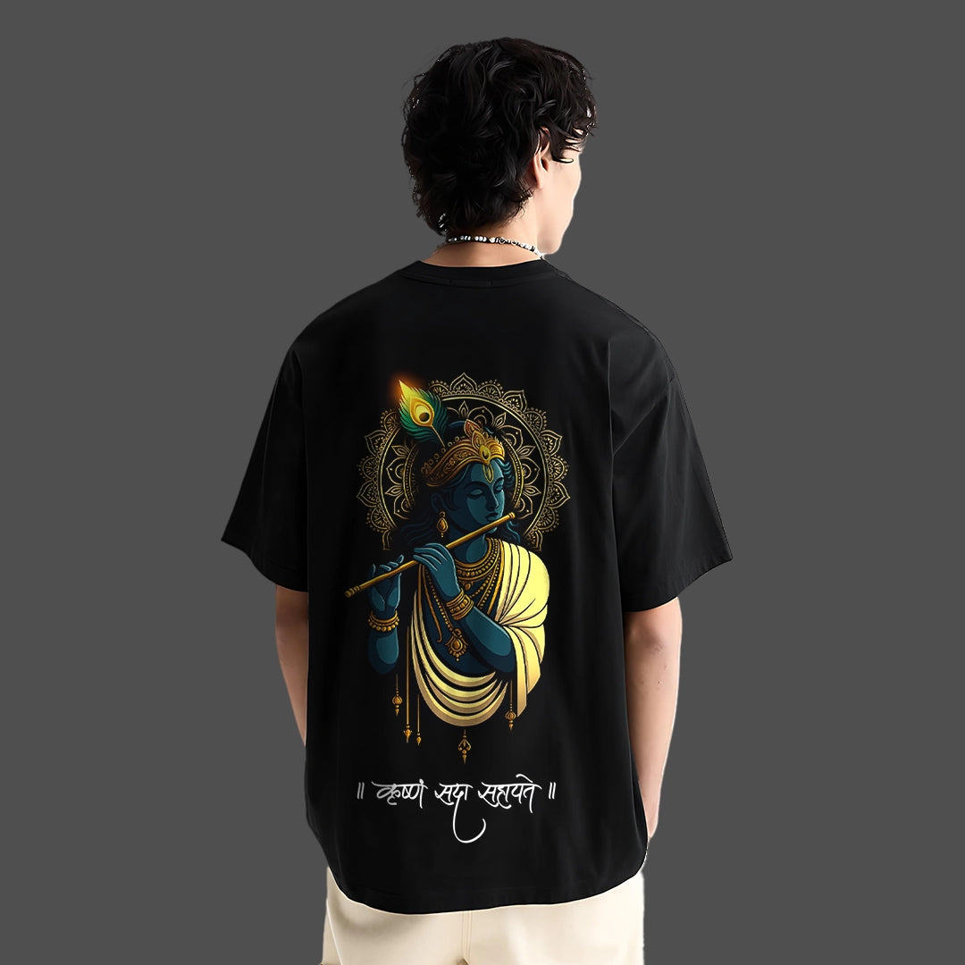 Krishna oversized black t-shirt featuring vibrant graphic artwork of Lord Krishna playing flute