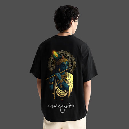 Krishna oversized black t-shirt featuring vibrant graphic artwork of Lord Krishna playing flute
