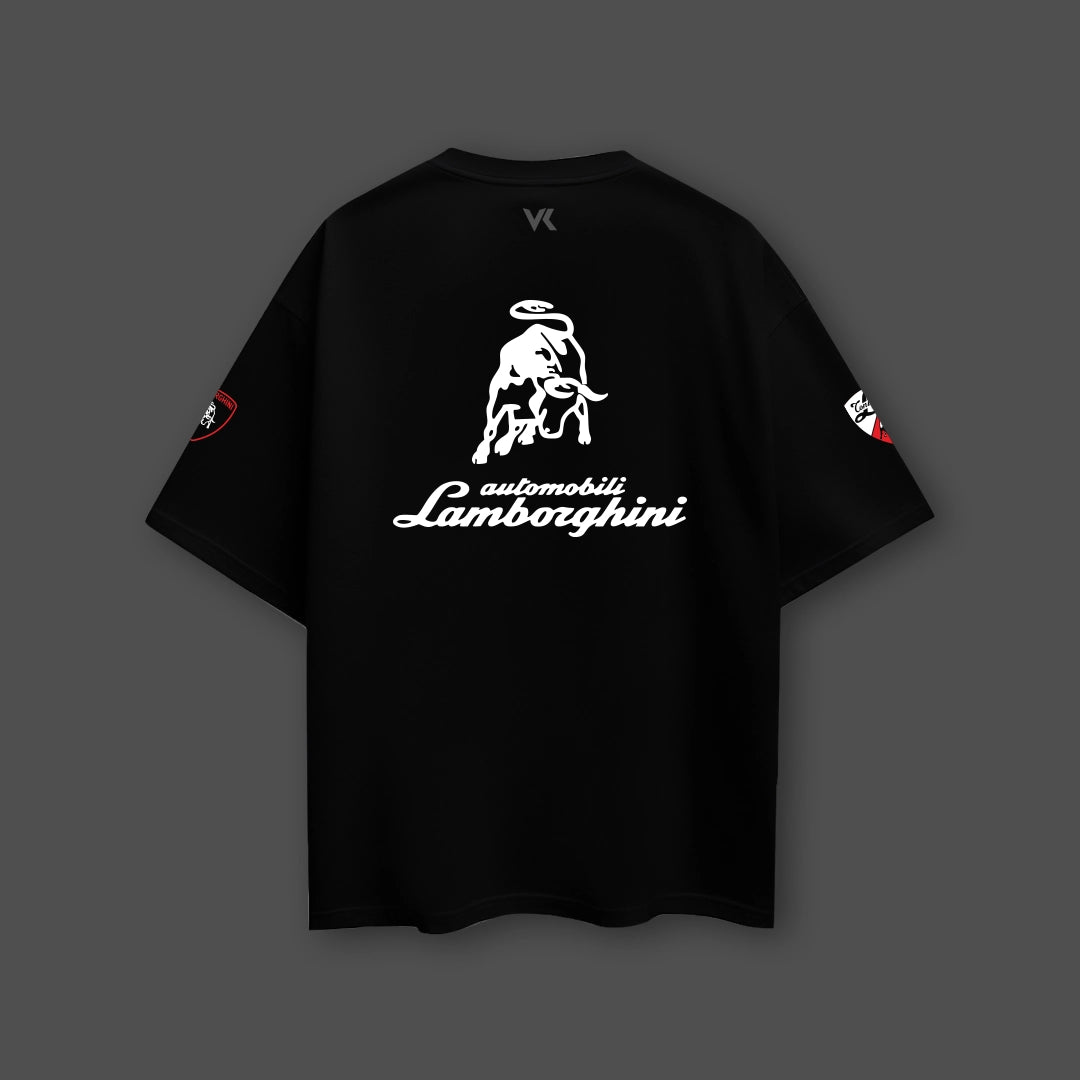 Lamborghini black oversize t-shirt featuring a logo and bull design on the back